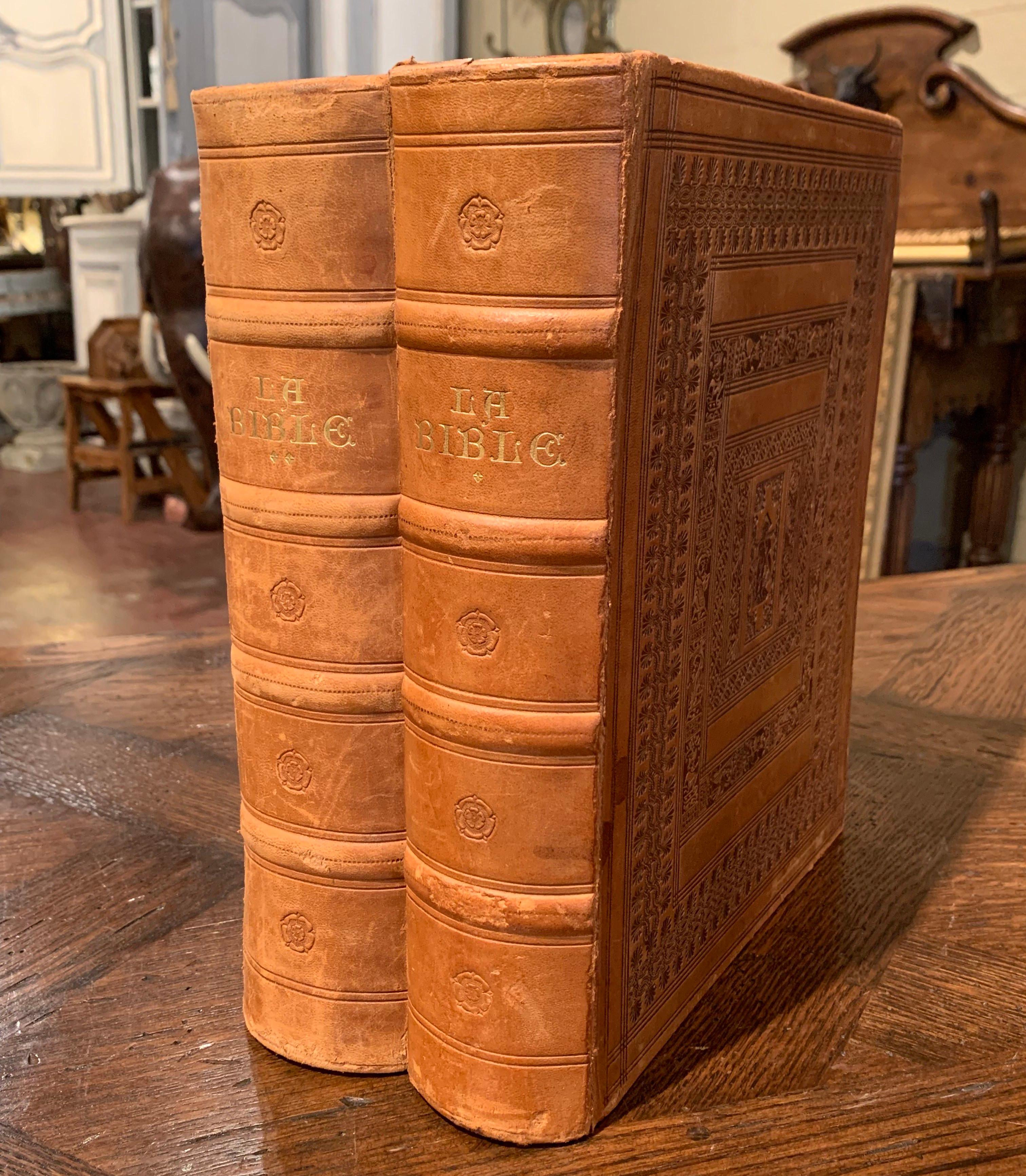 20th Century Midcentury French Leather Bound Two-Volume Holy Bible Dated 1953 For Sale