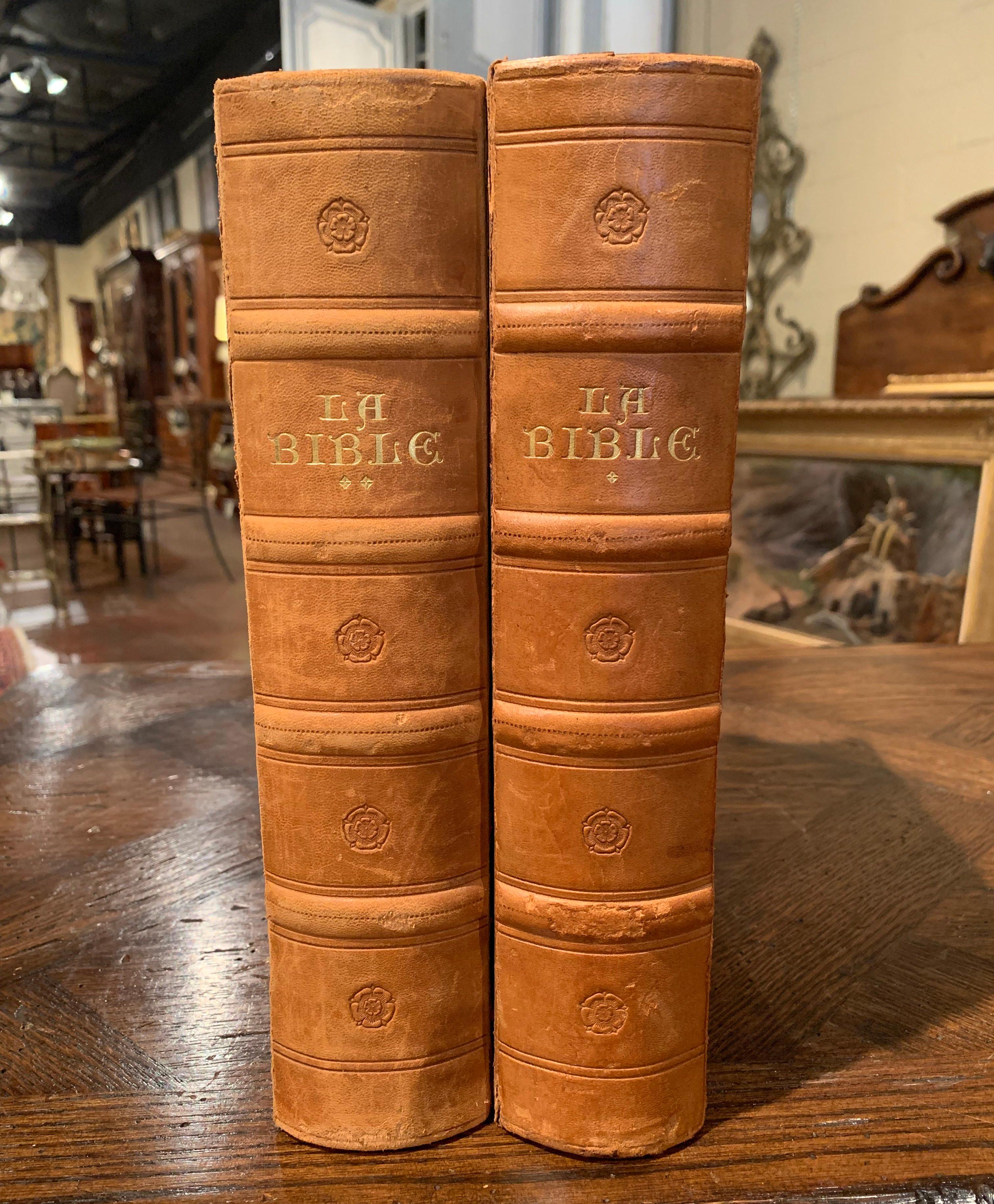 Midcentury French Leather Bound Two-Volume Holy Bible Dated 1953 For Sale 2