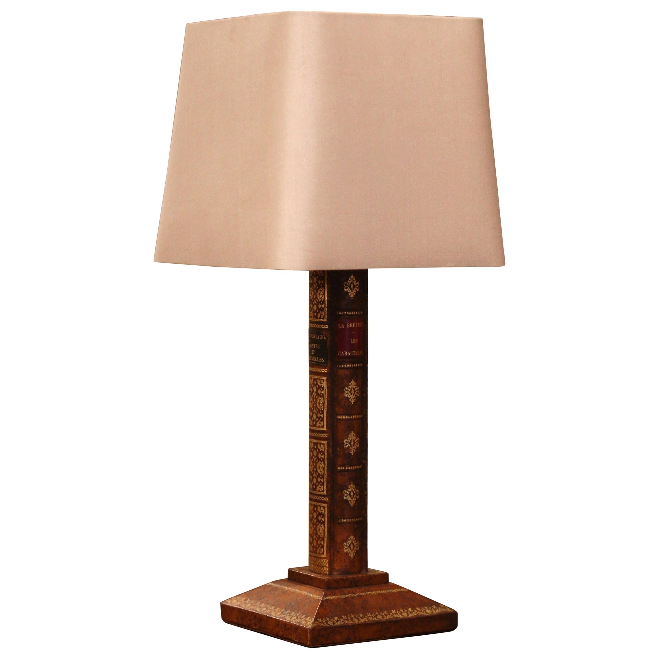 Midcentury French Leather Table Lamp Base with Shade For Sale