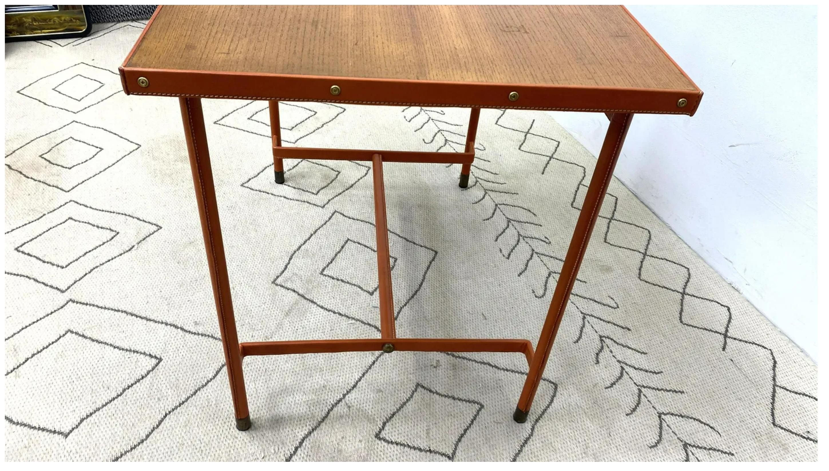 20th Century Midcentury French Leather Wrapped Writing Table attributed to Jacques Adnet For Sale