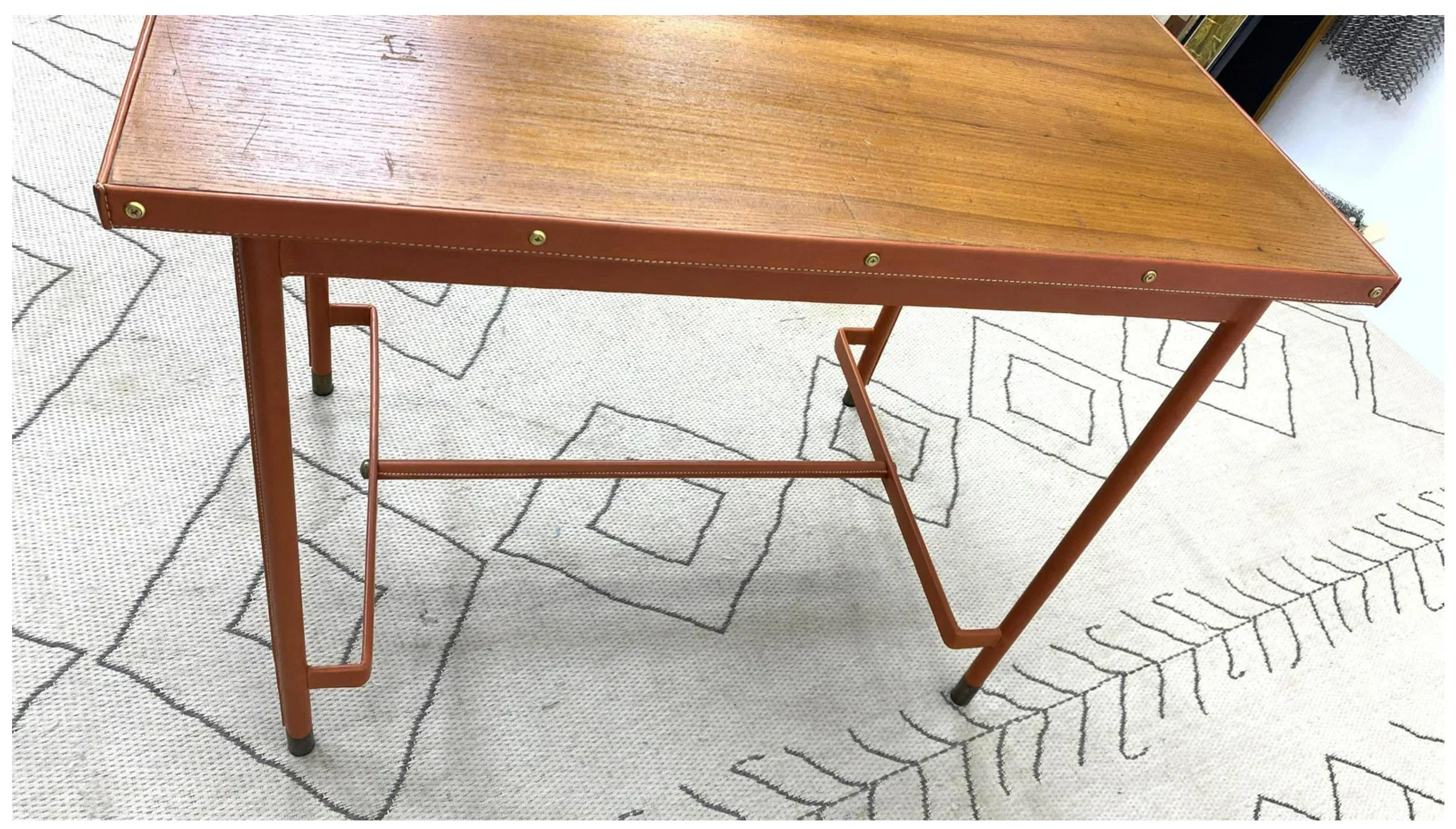 Midcentury French Leather Wrapped Writing Table attributed to Jacques Adnet For Sale 1