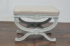 Midcentury French Light Gray Blue Painted Curule Stool with Carved Shell Motif