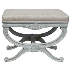 Midcentury French Light Gray Blue Painted Curule Stool with Carved Shell Motif