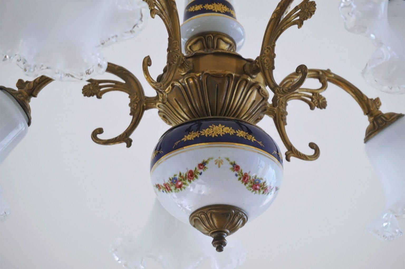 Hand-Painted Midcentury French Limoges Porcelain and Murano Glass Five-Light Chandelier
