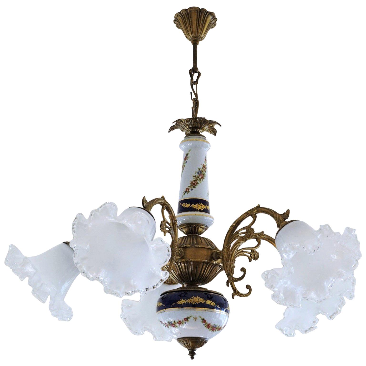 Midcentury French Limoges Porcelain and Murano Glass Five-Light Chandelier