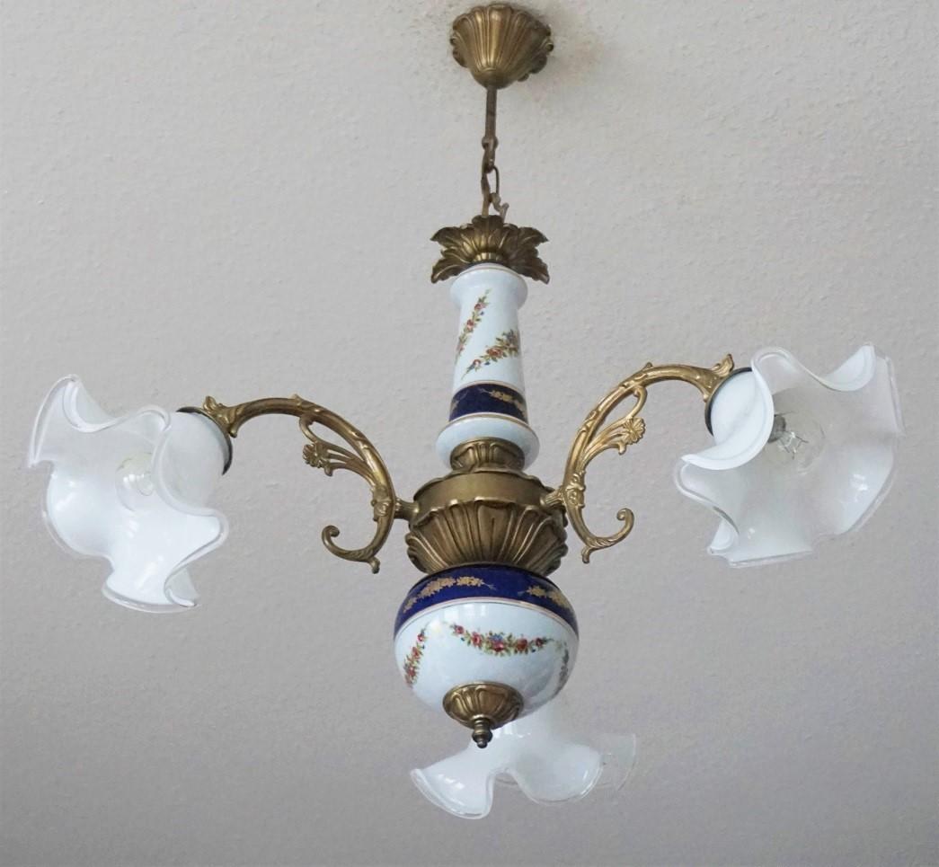 Art Deco Midcentury French Limoges Porcelain and Murano Glass Three-Light Chandelier For Sale