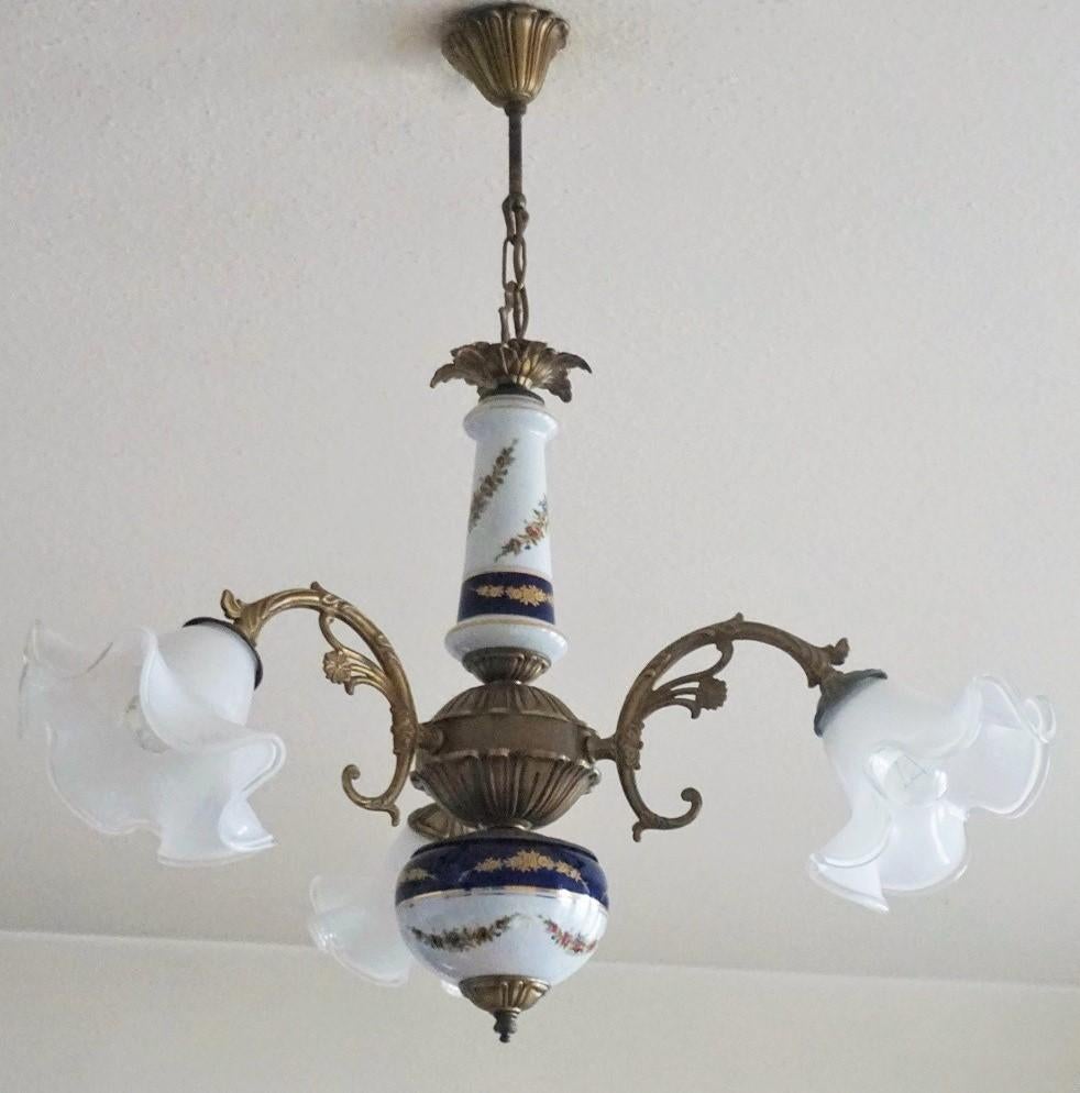 Burnished Midcentury French Limoges Porcelain and Murano Glass Three-Light Chandelier For Sale