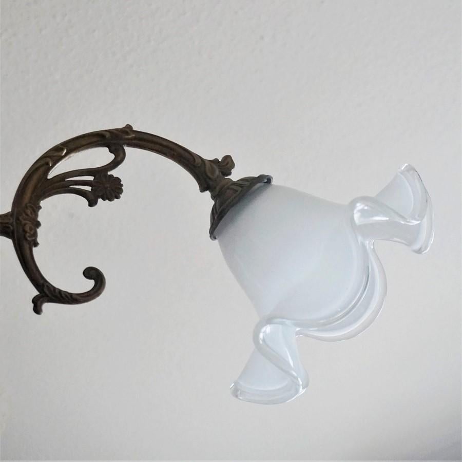 Brass Midcentury French Limoges Porcelain and Murano Glass Three-Light Chandelier For Sale