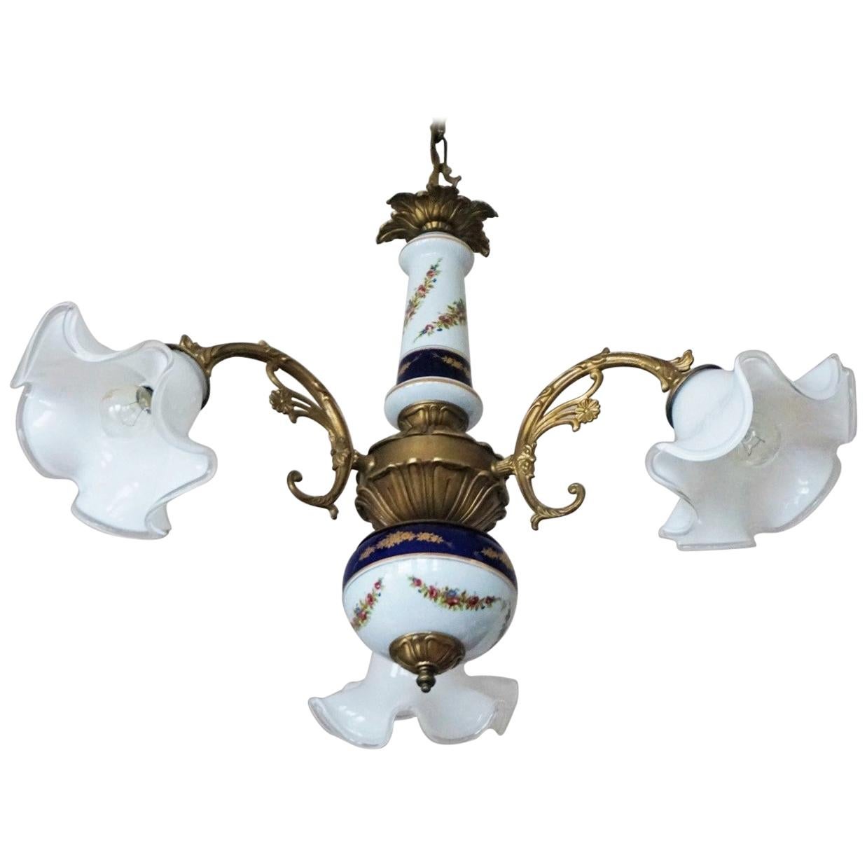 Midcentury French Limoges Porcelain and Murano Glass Three-Light Chandelier
