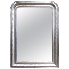 Midcentury French Louis Philippe Silver Leaf Mirror with Engraved Stripe Decor