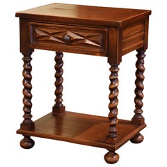 Retro Midcentury French Louis XIII Carved Oak Barley Twist Side Table with Drawer