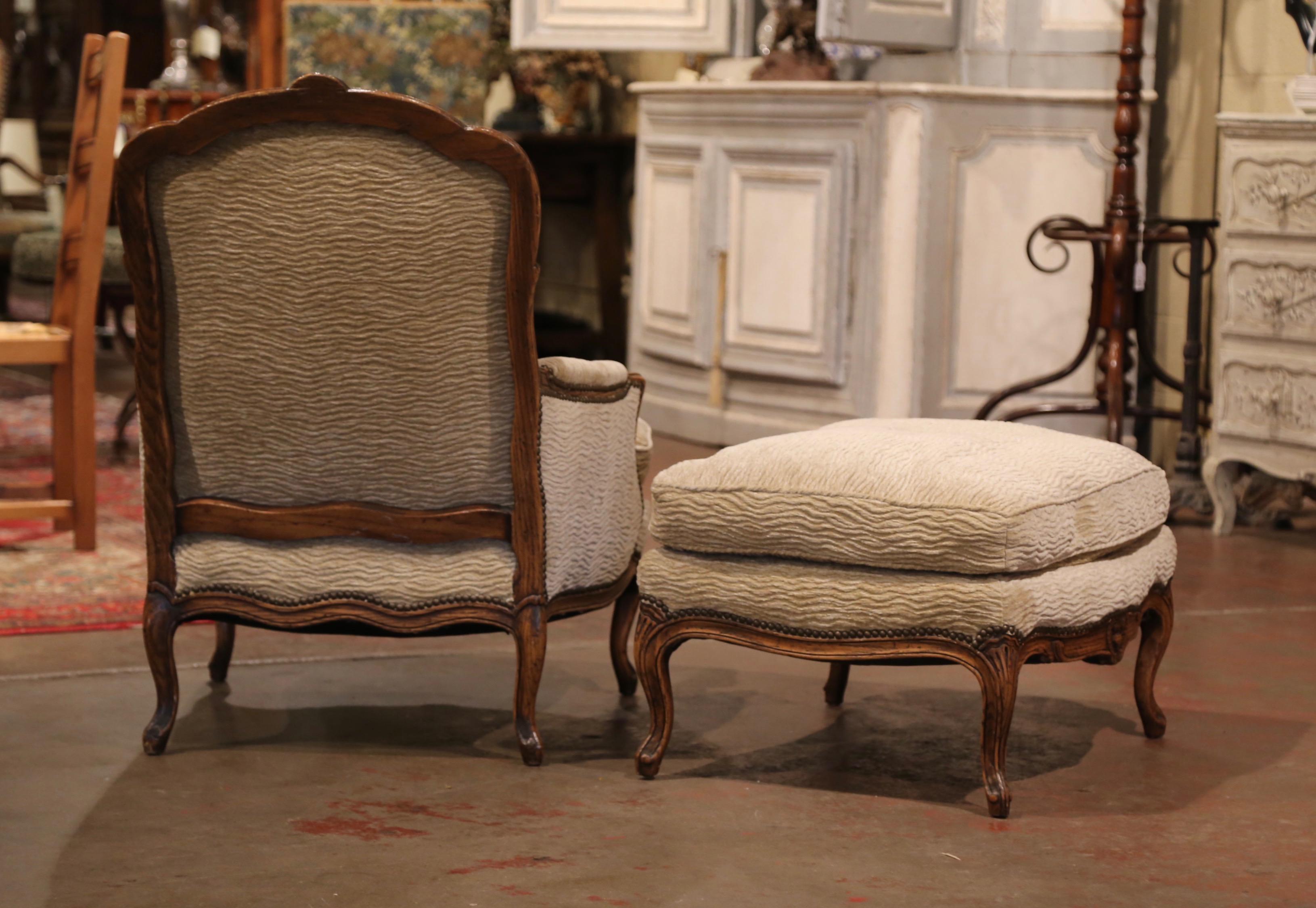 Midcentury French Louis XV Carved Oak Armchair with Matching Ottoman 6