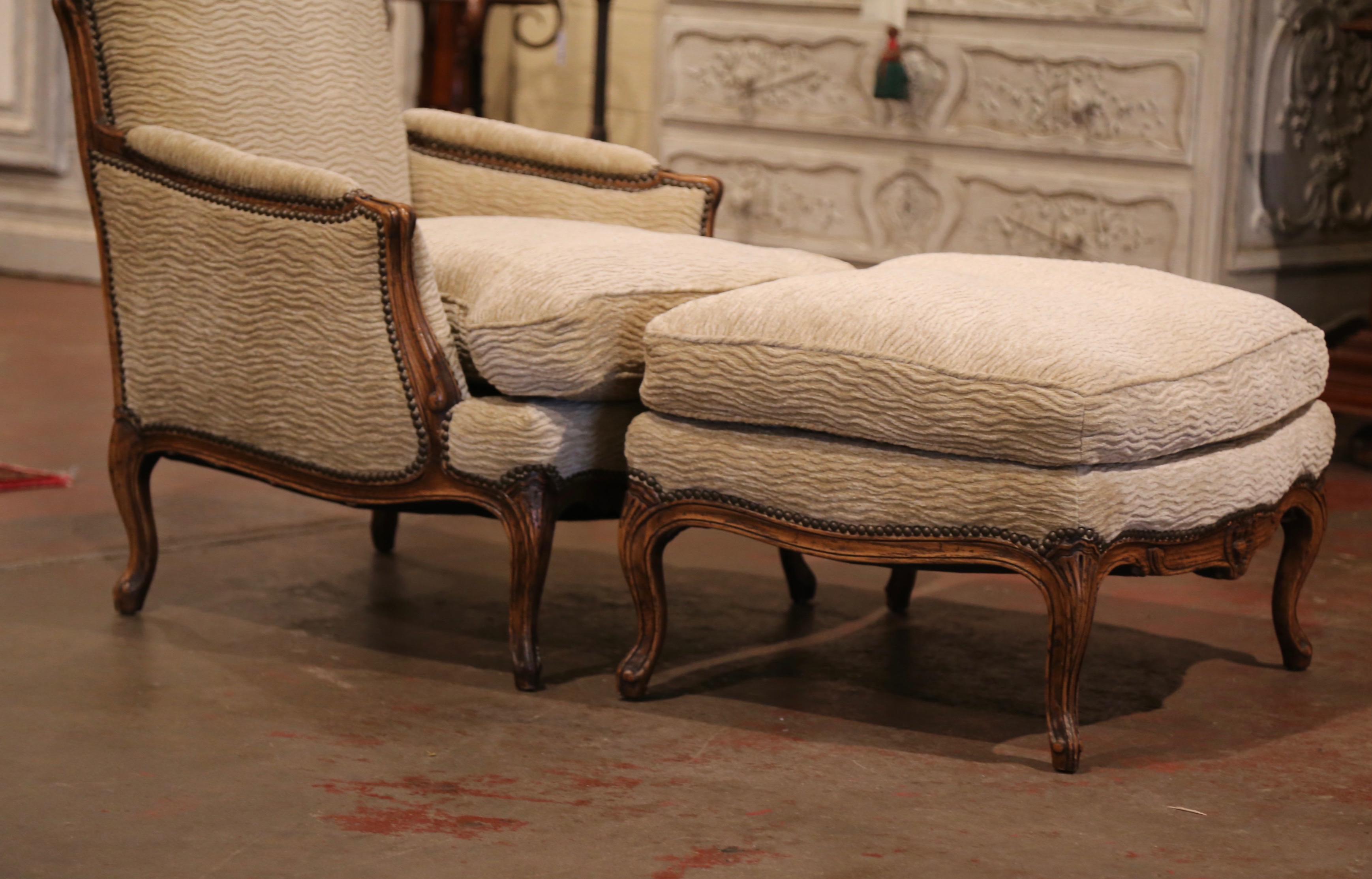 20th Century Midcentury French Louis XV Carved Oak Armchair with Matching Ottoman