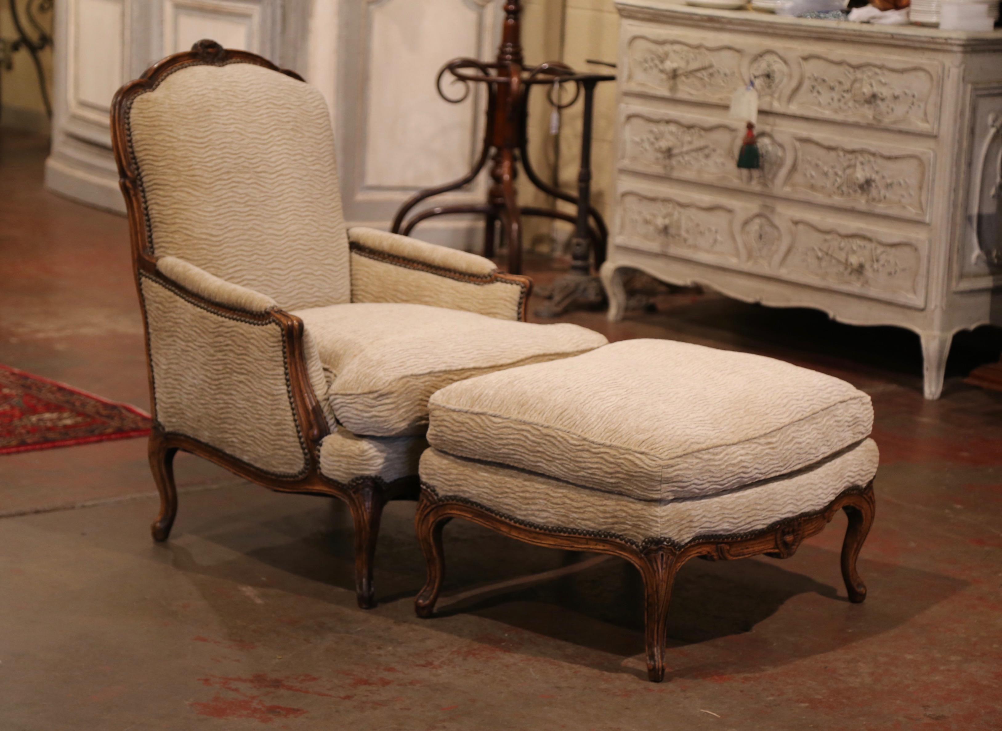 Midcentury French Louis XV Carved Oak Armchair with Matching Ottoman 3