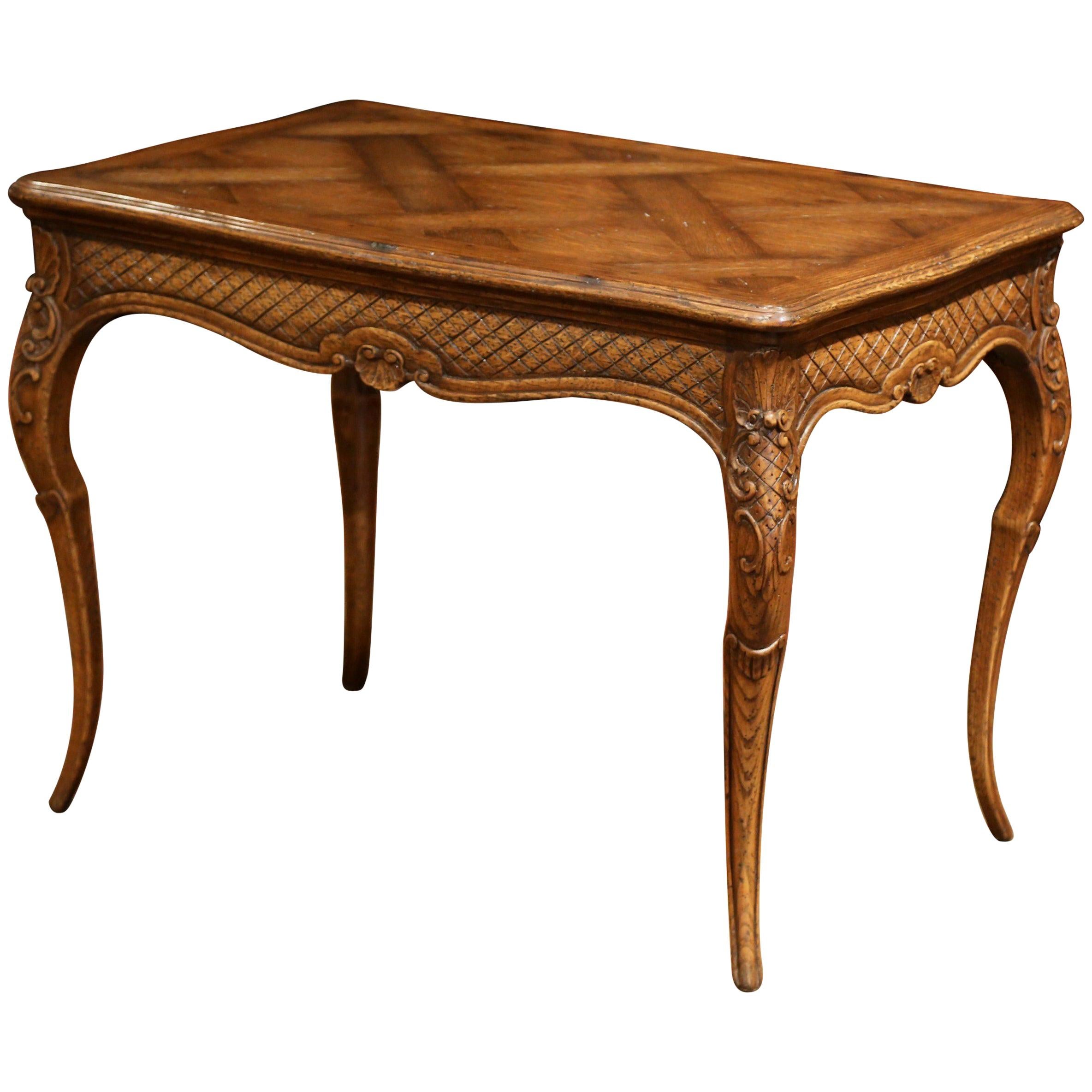 Midcentury French Louis XV Carved Oak Side Table with Inlay Parquetry Decor For Sale