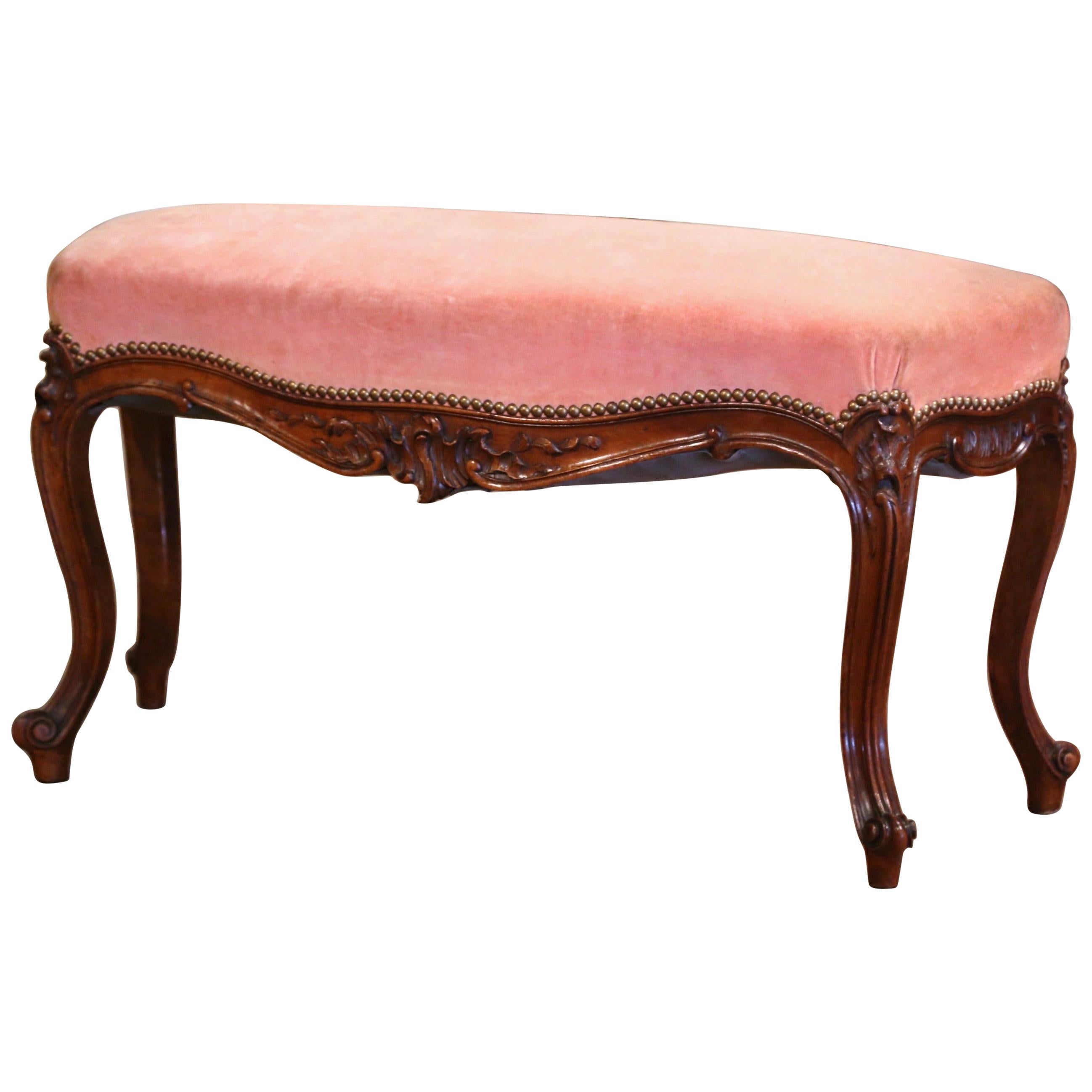 Midcentury French Louis XV Carved Walnut and Velvet Bombe and Curved Bench