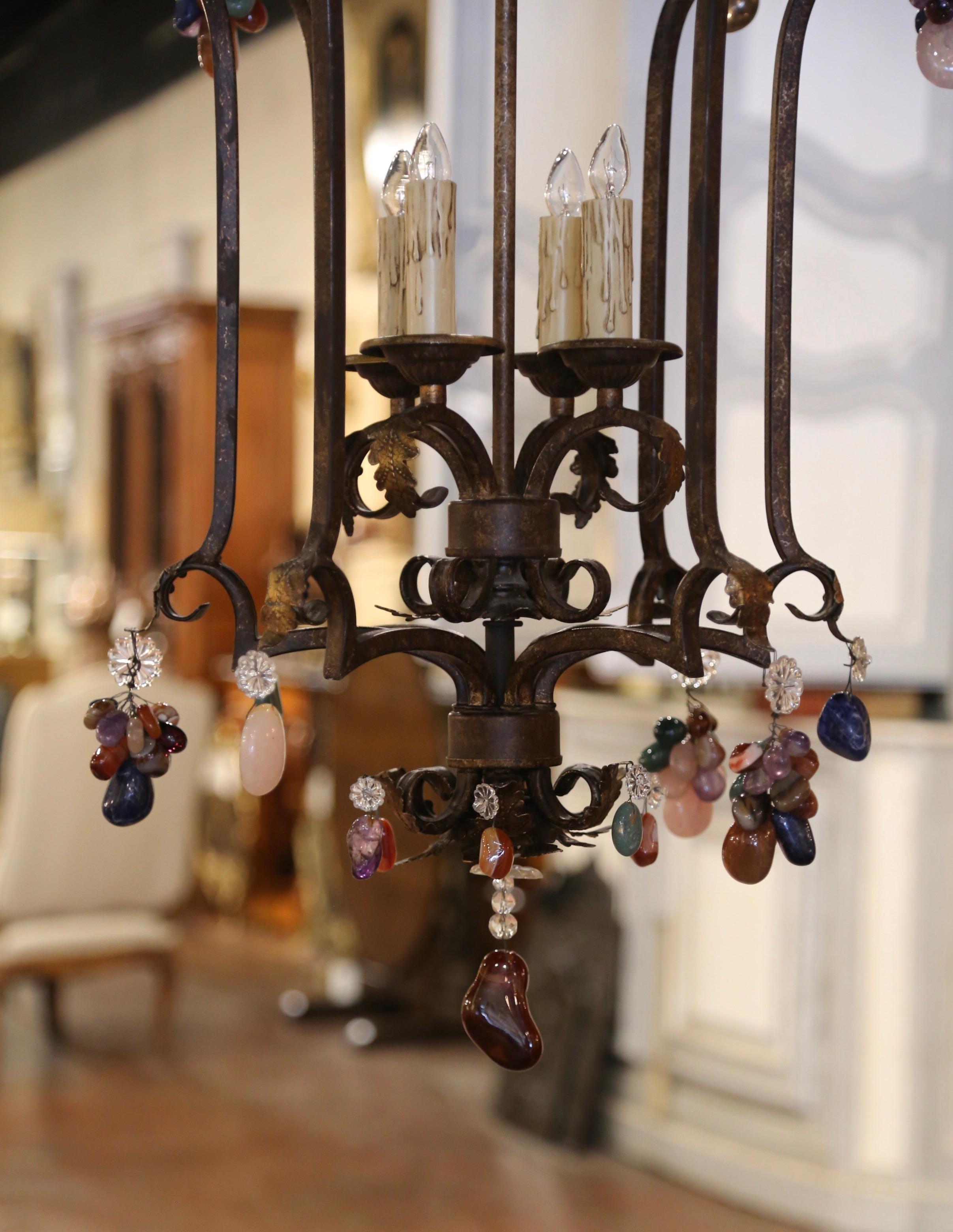 Midcentury French Louis XV Iron and Crystal Pendants Four-Light Ceiling Lantern In Excellent Condition For Sale In Dallas, TX