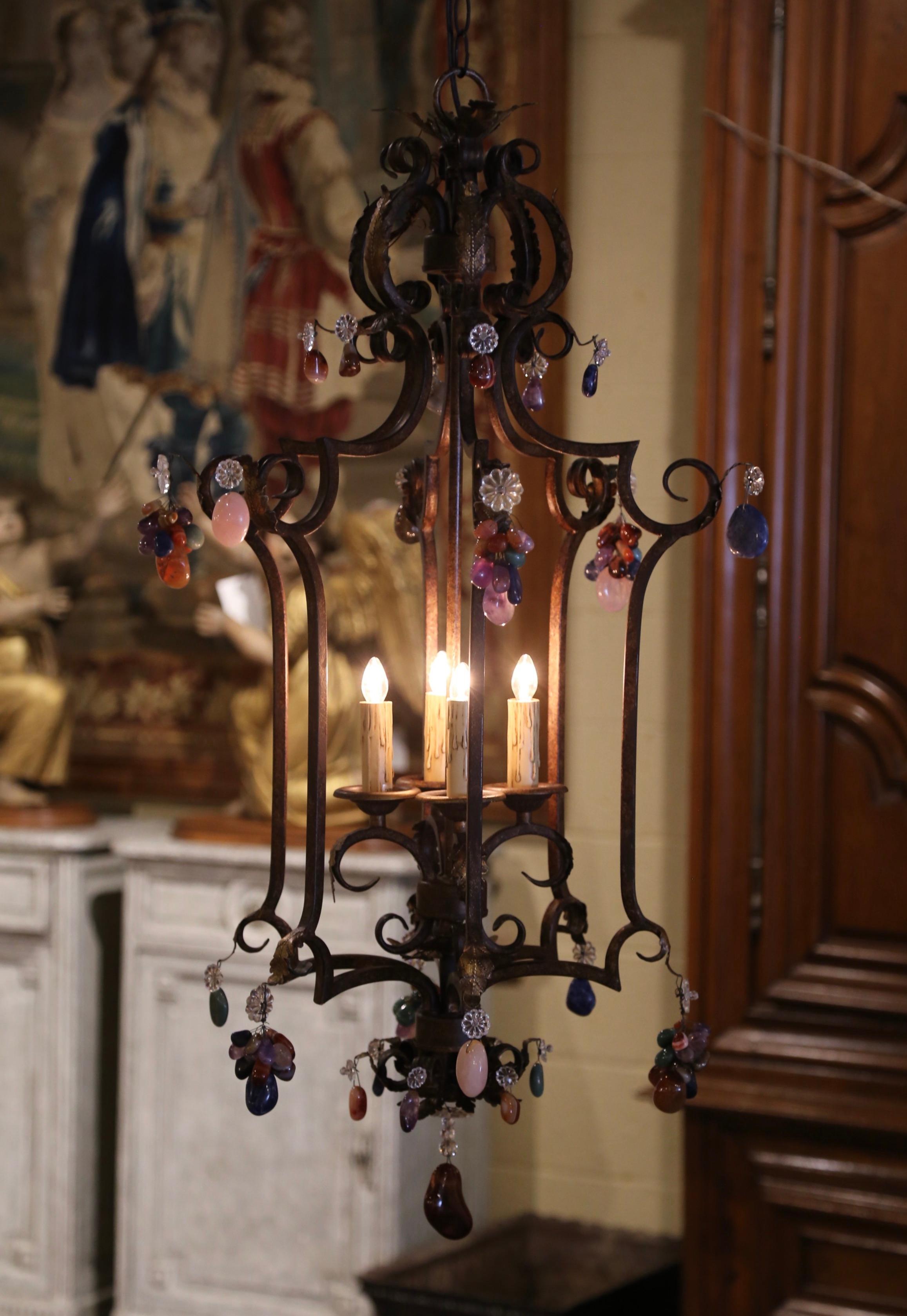 20th Century Midcentury French Louis XV Iron and Crystal Pendants Four-Light Ceiling Lantern For Sale