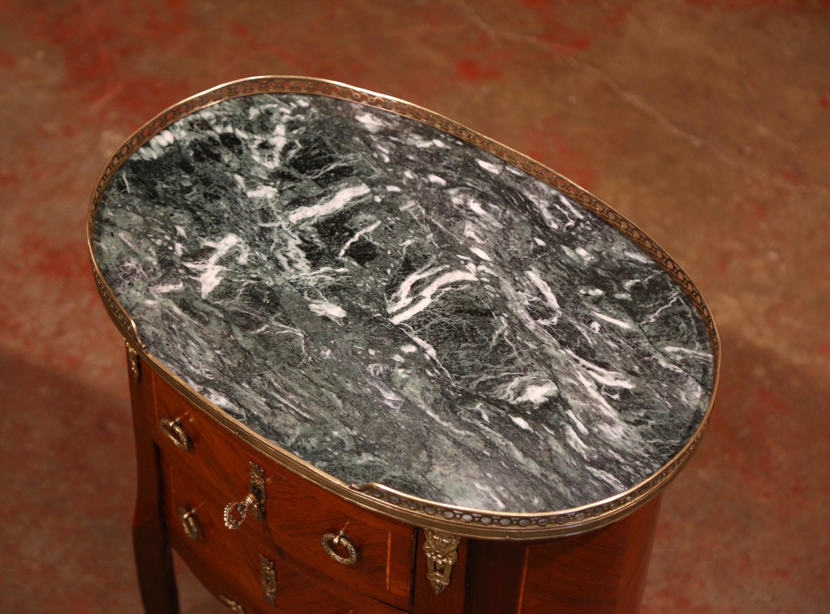 Midcentury French Louis XV Walnut Parquetry Chest of Drawers with Marble Top In Excellent Condition In Dallas, TX