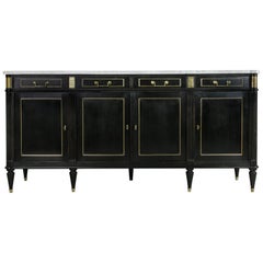 Midcentury French Louis XVI Buffet with White Marble Top and Bronze Detailing