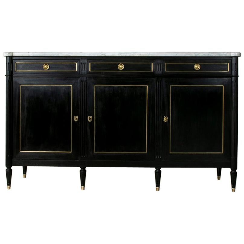Midcentury French Louis XVI Buffet with White Marble Top and Bronze Detailing