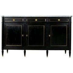 Vintage Midcentury French Louis XVI Buffet with White Marble Top and Bronze Detailing