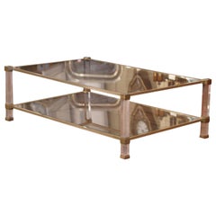 Midcentury French Lucite and Gilt Metal Two-Tier Coffee Table by Pierre Vandel