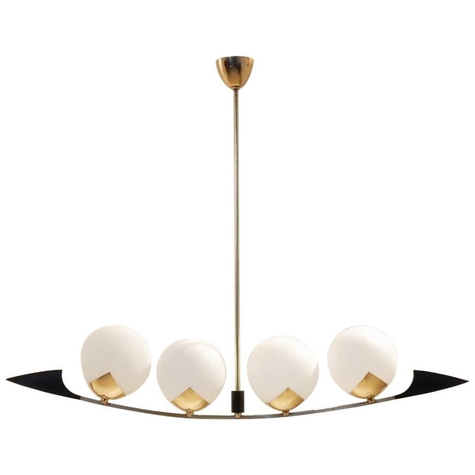 Midcentury French Maison Arlus Brass and Opalescent Glass Balls Chandelier For Sale