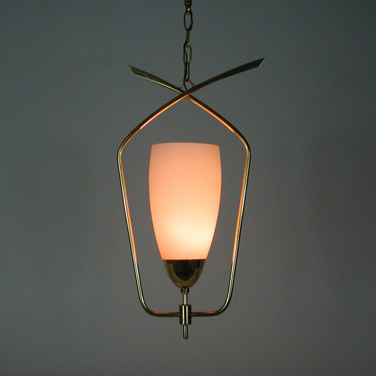 Midcentury French Maison Arlus Brass & Opaline Glass Pendant, 1950s For Sale 5