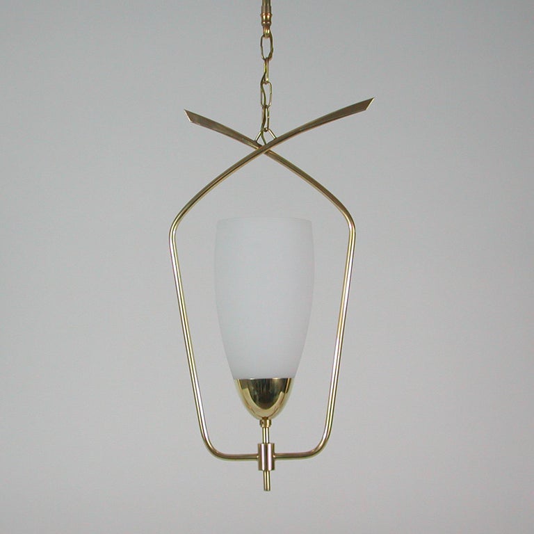 Mid-Century Modern Midcentury French Maison Arlus Brass & Opaline Glass Pendant, 1950s For Sale