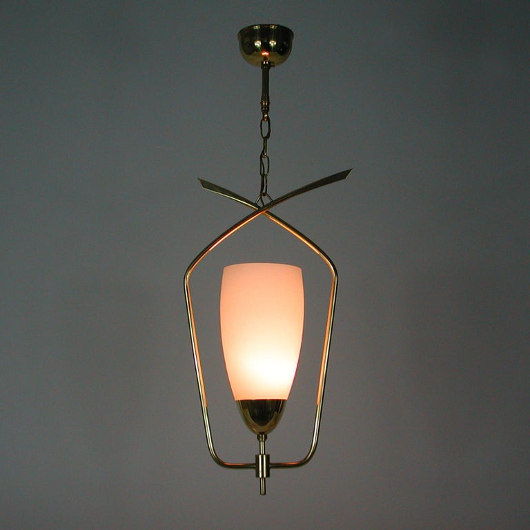 Midcentury French Maison Arlus Brass & Opaline Glass Pendant, 1950s In Good Condition For Sale In Nümbrecht, NRW