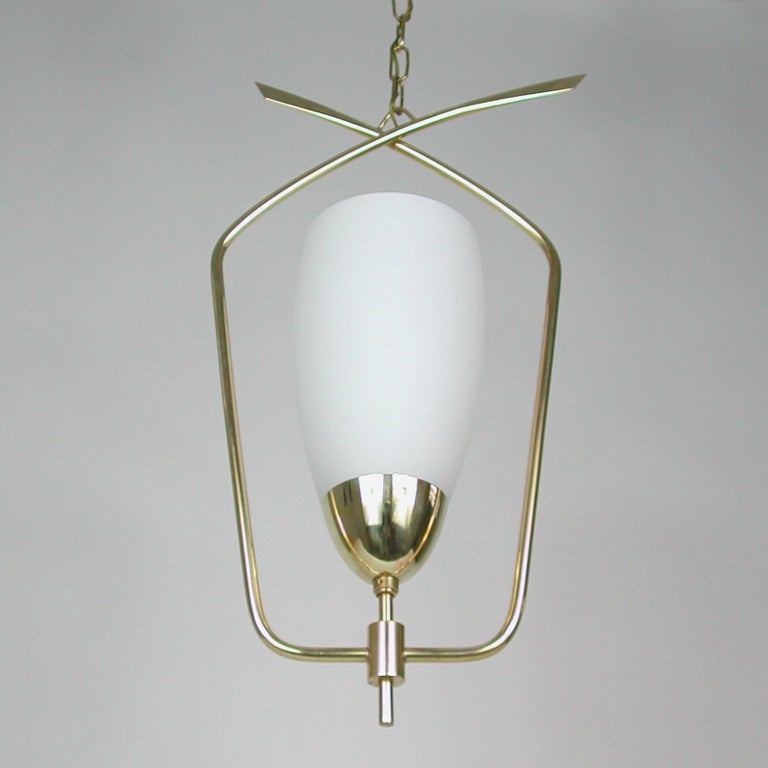 Midcentury French Maison Arlus Brass & Opaline Glass Pendant, 1950s For Sale 1
