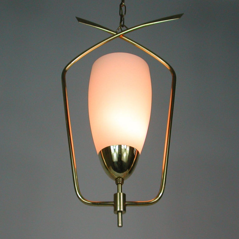Midcentury French Maison Arlus Brass & Opaline Glass Pendant, 1950s For Sale 2