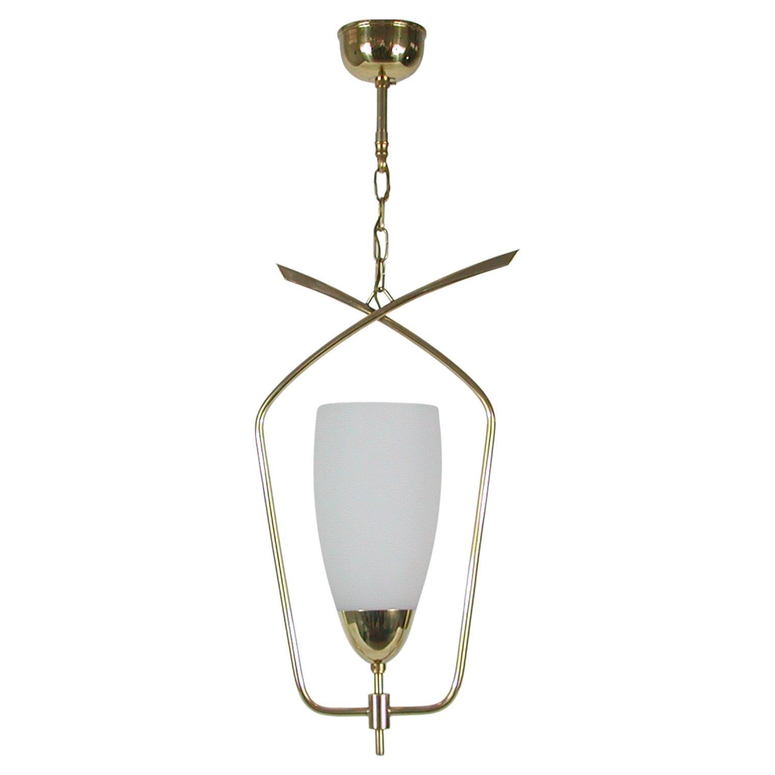 Midcentury French Maison Arlus Brass & Opaline Glass Pendant, 1950s