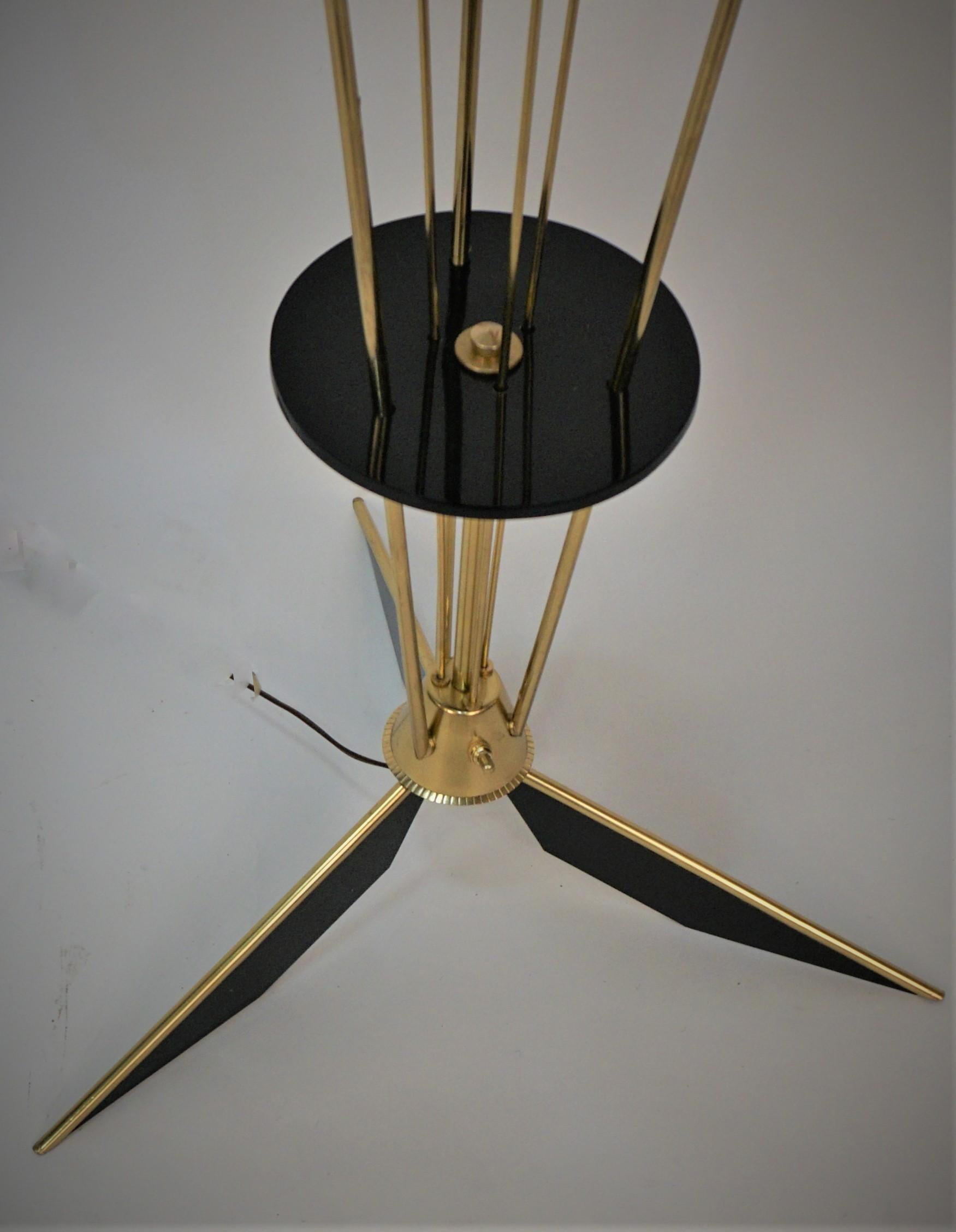 Fabulous three light, bronze, black lacquered and texture glass midcentury floor lamp.