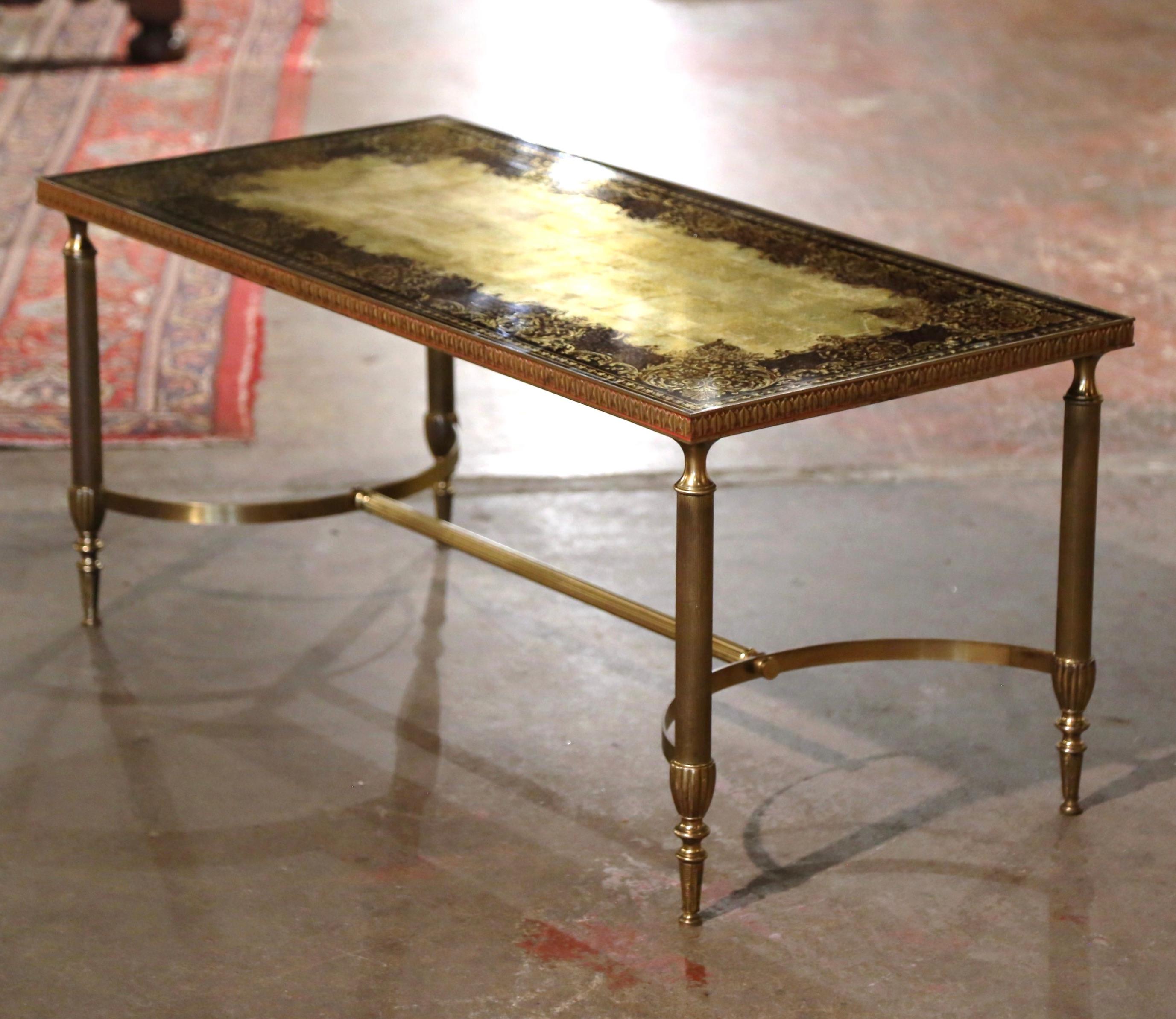 Midcentury French Maison Baguès Brass Coffee Table with Eglomisé Glass Top For Sale 4