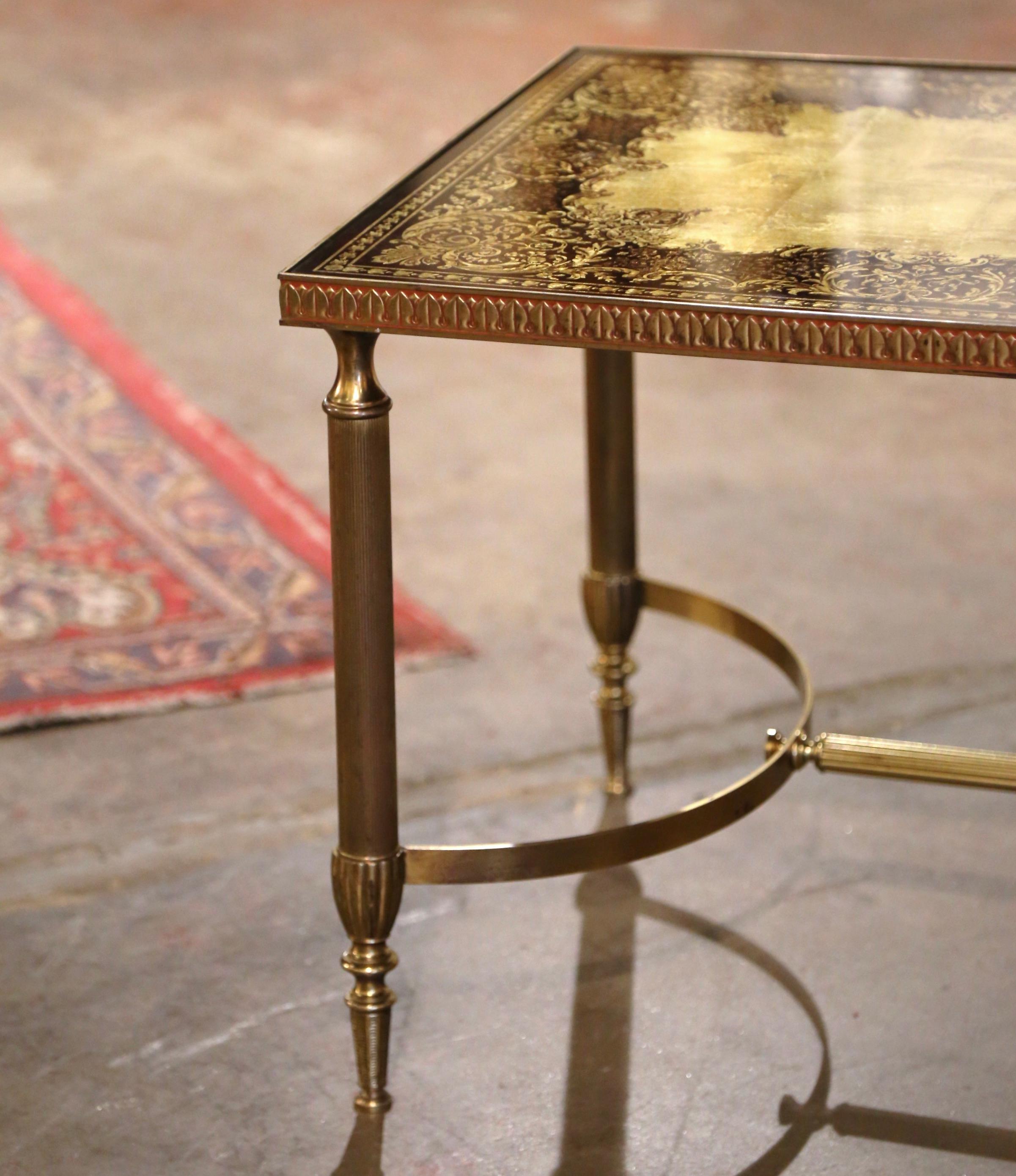 Midcentury French Maison Baguès Brass Coffee Table with Eglomisé Glass Top For Sale 5