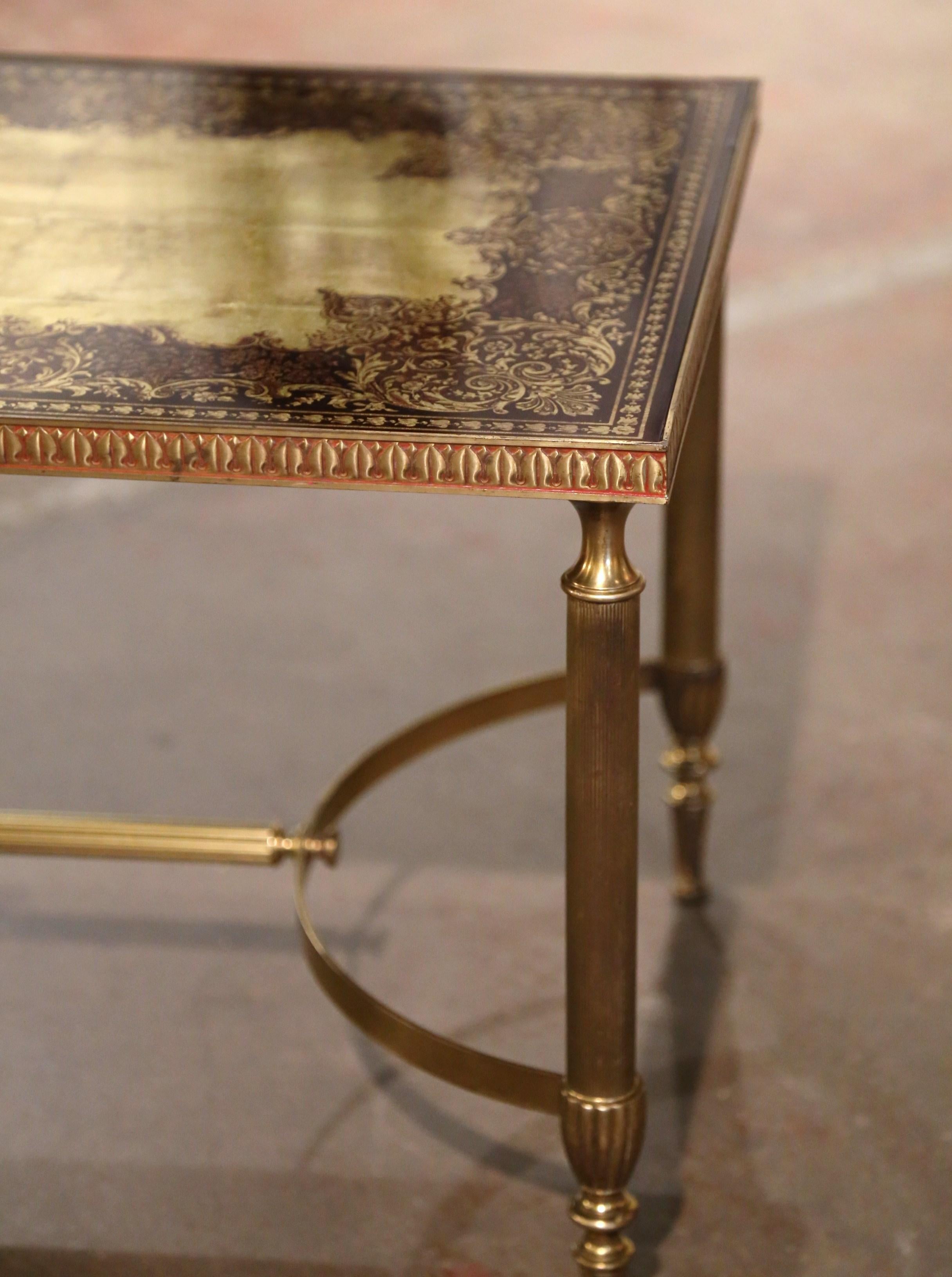 Midcentury French Maison Baguès Brass Coffee Table with Eglomisé Glass Top For Sale 6