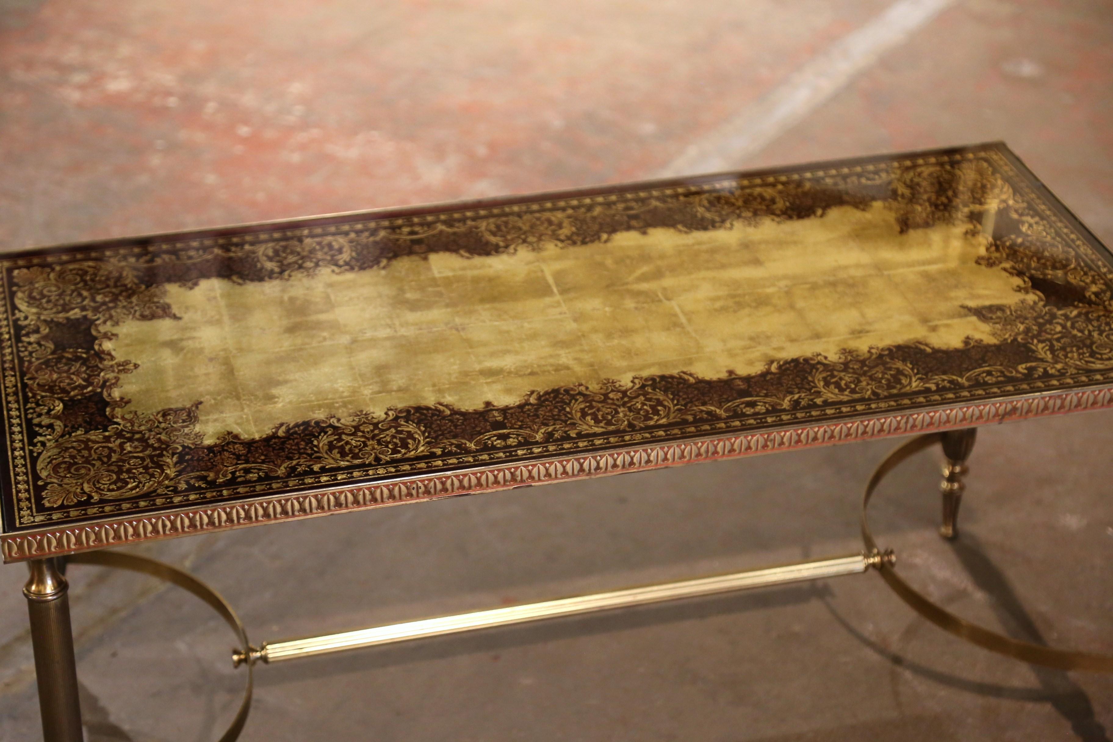 Art Deco Midcentury French Maison Baguès Brass Coffee Table with Eglomisé Glass Top For Sale