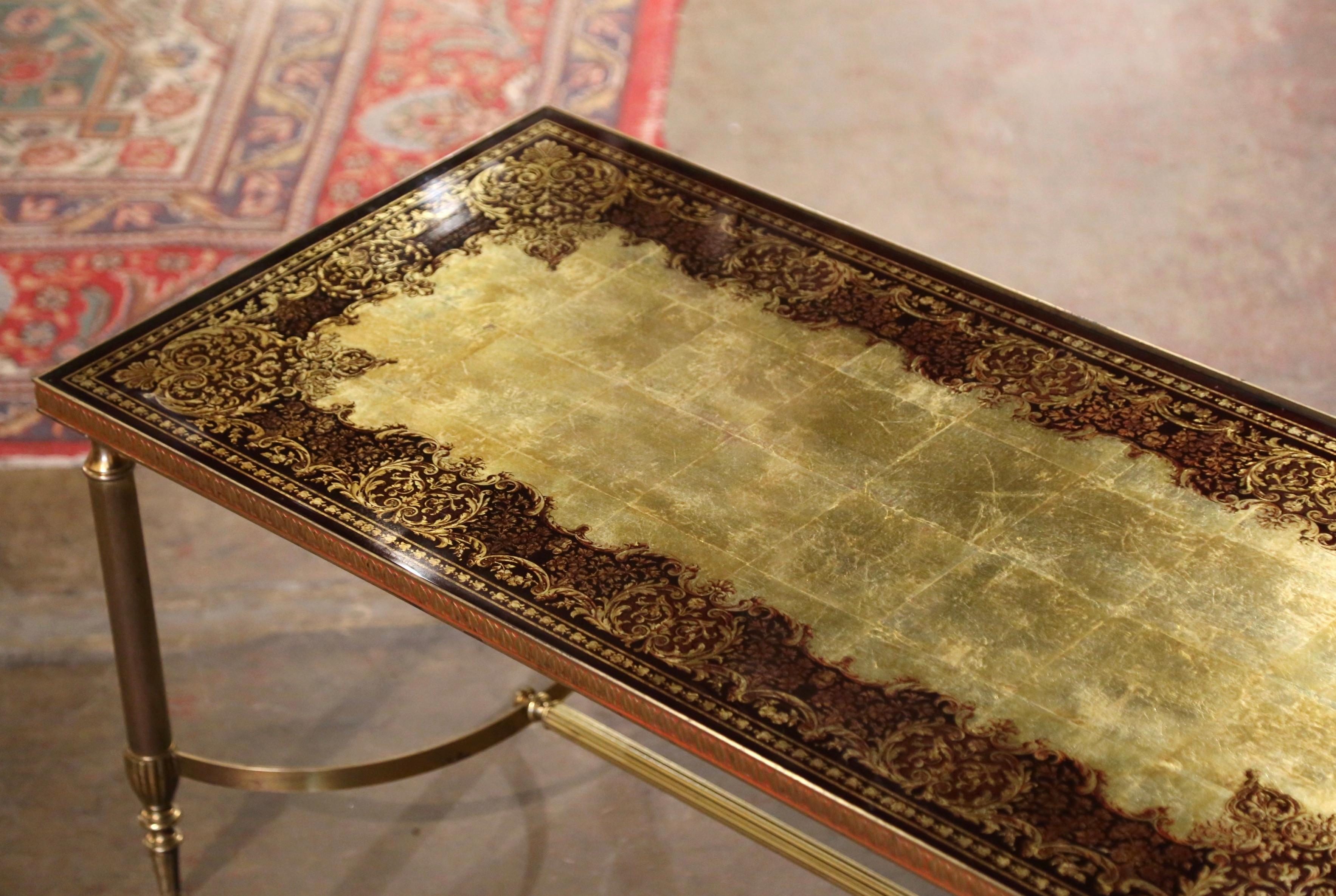 Hand-Crafted Midcentury French Maison Baguès Brass Coffee Table with Eglomisé Glass Top For Sale