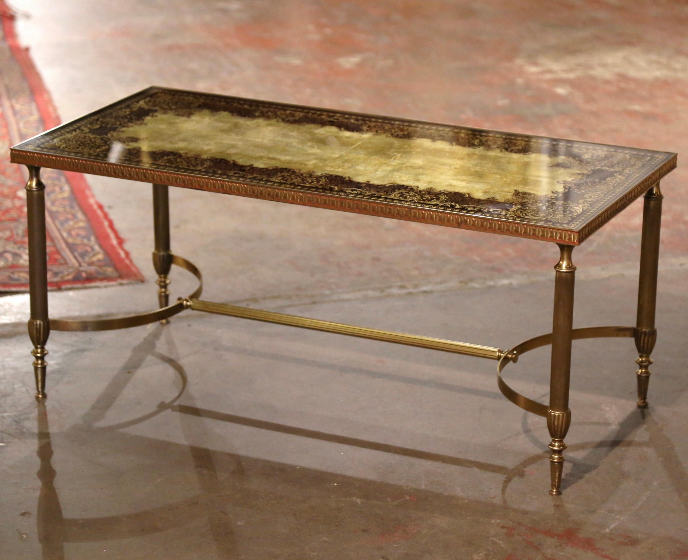 Midcentury French Maison Baguès Brass Coffee Table with Eglomisé Glass Top In Excellent Condition For Sale In Dallas, TX