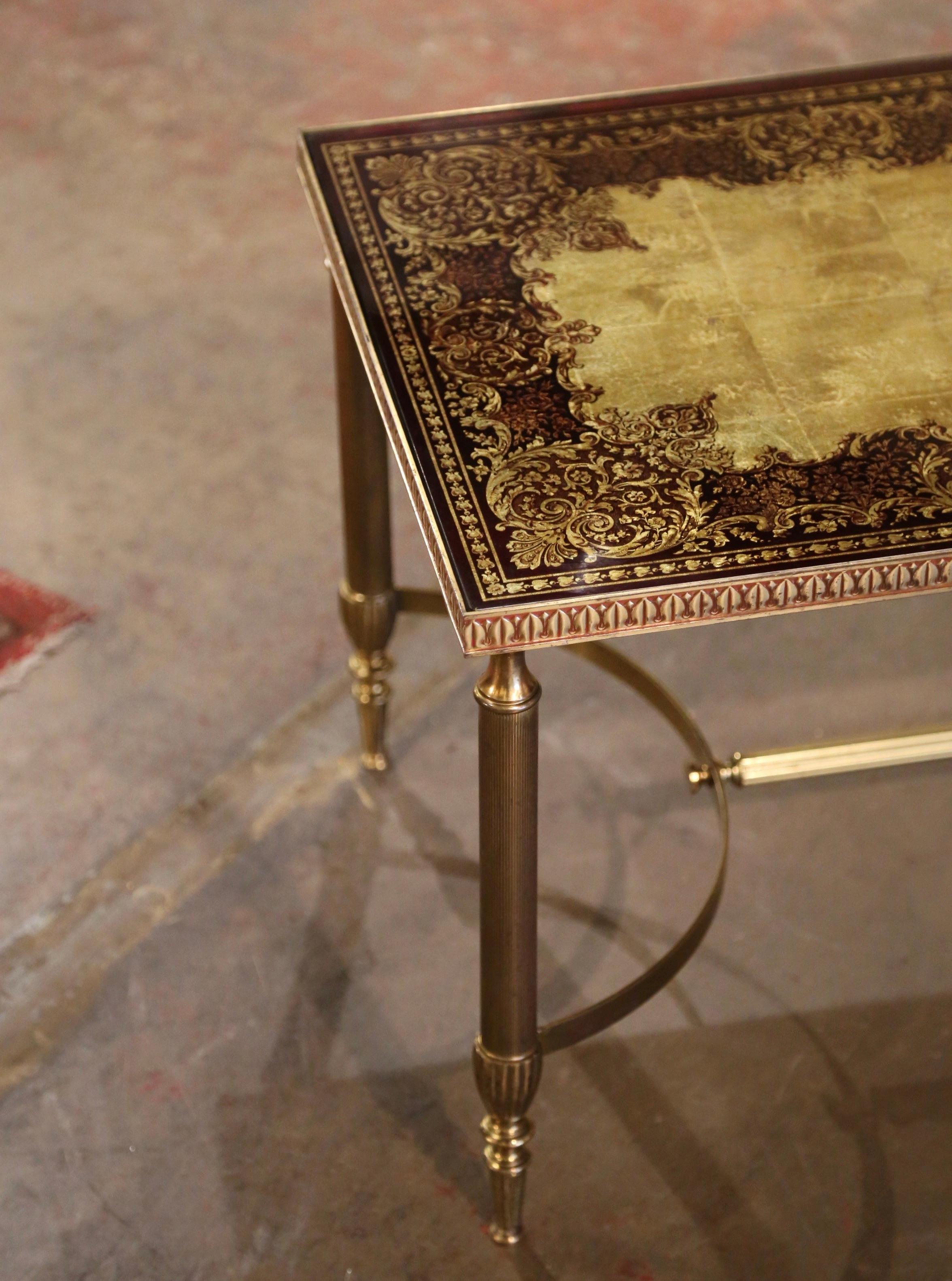 20th Century Midcentury French Maison Baguès Brass Coffee Table with Eglomisé Glass Top For Sale