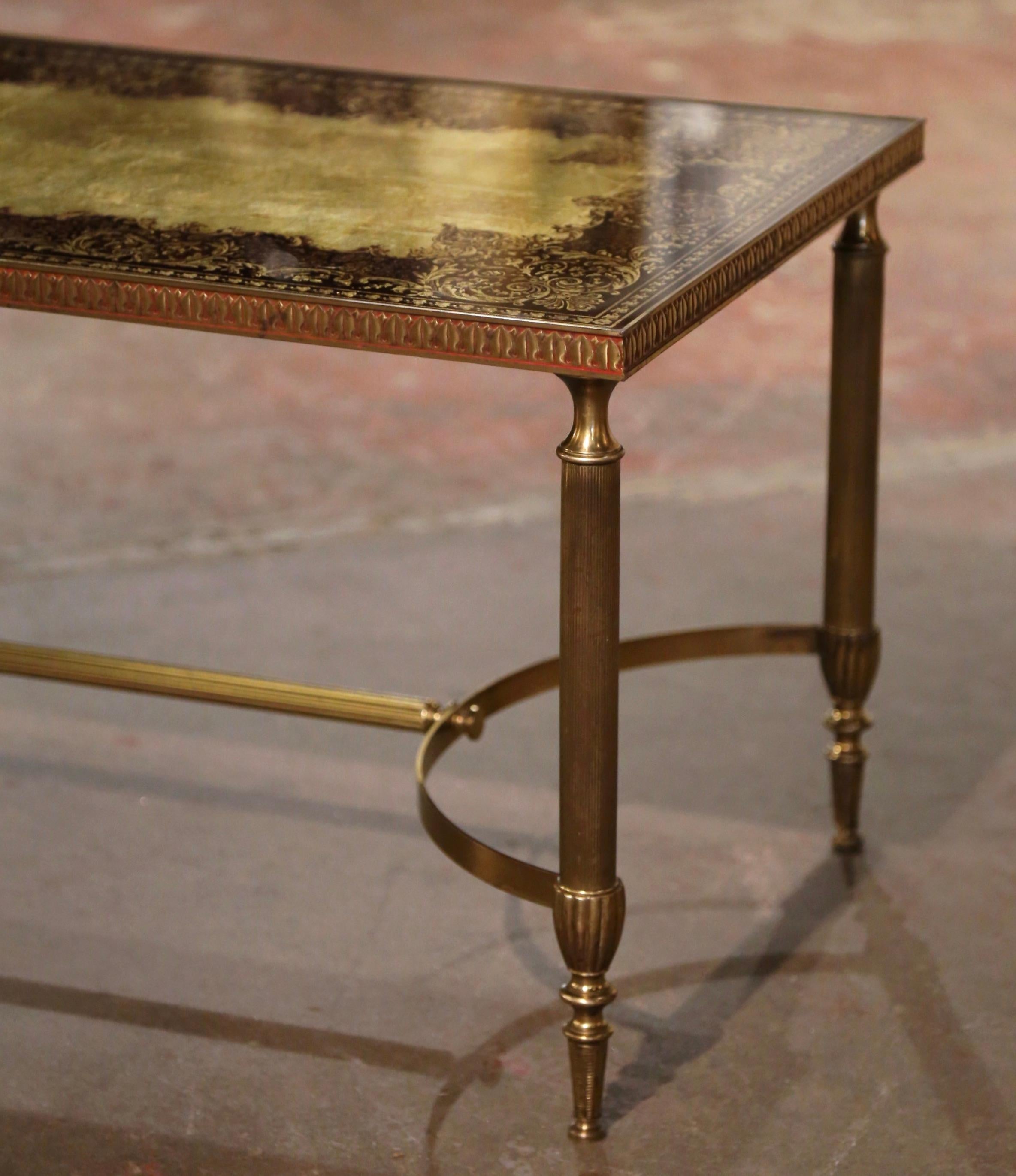 Midcentury French Maison Baguès Brass Coffee Table with Eglomisé Glass Top For Sale 1