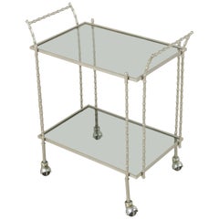 Midcentury French Maison Baguès Silvered Brass Faux Bamboo Bar Cart Smoked Glass
