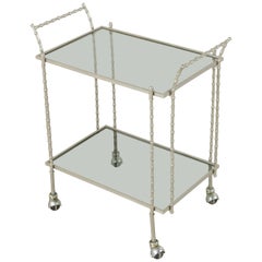 Vintage Midcentury French Maison Baguès Silvered Brass Faux Bamboo Bar Cart Smoked Glass