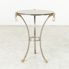 Midcentury French Maison Charles Brass and Steel Gueridon Side Table Rams Heads