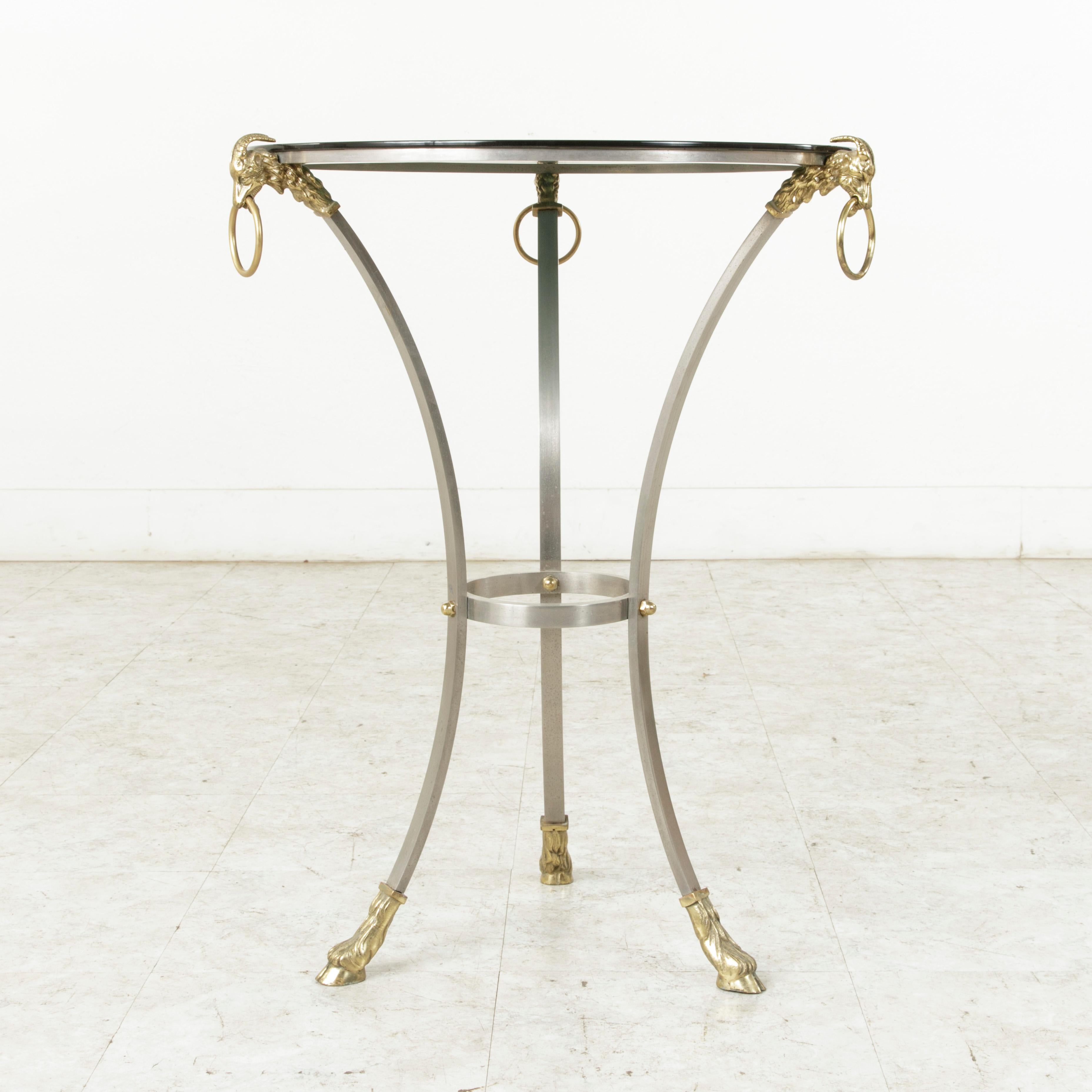 Midcentury French Maison Charles Brass and Steel Gueridon Side Table Rams Heads (Moderne der Mitte des Jahrhunderts)