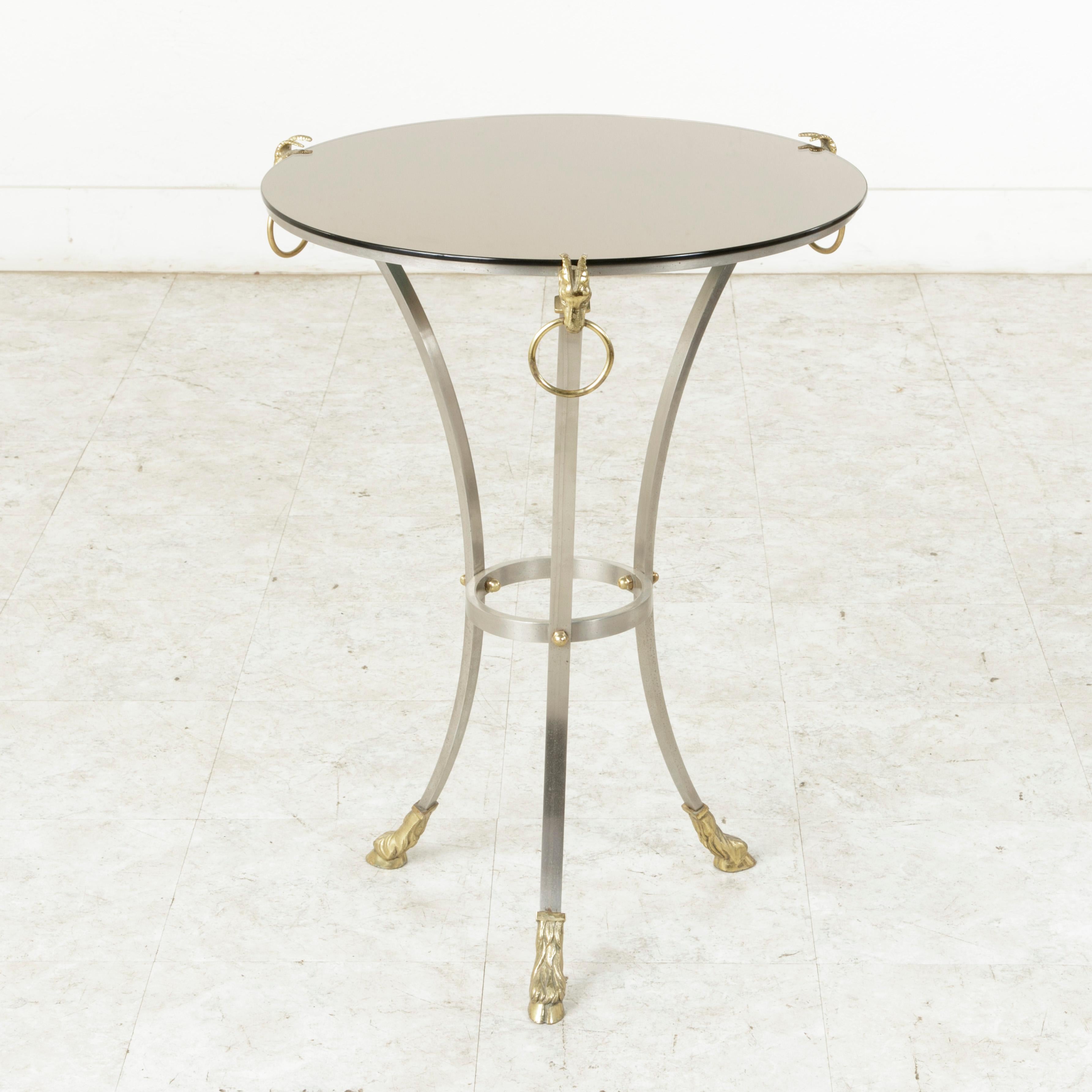Midcentury French Maison Charles Brass and Steel Gueridon Side Table Rams Heads In Excellent Condition In Fayetteville, AR