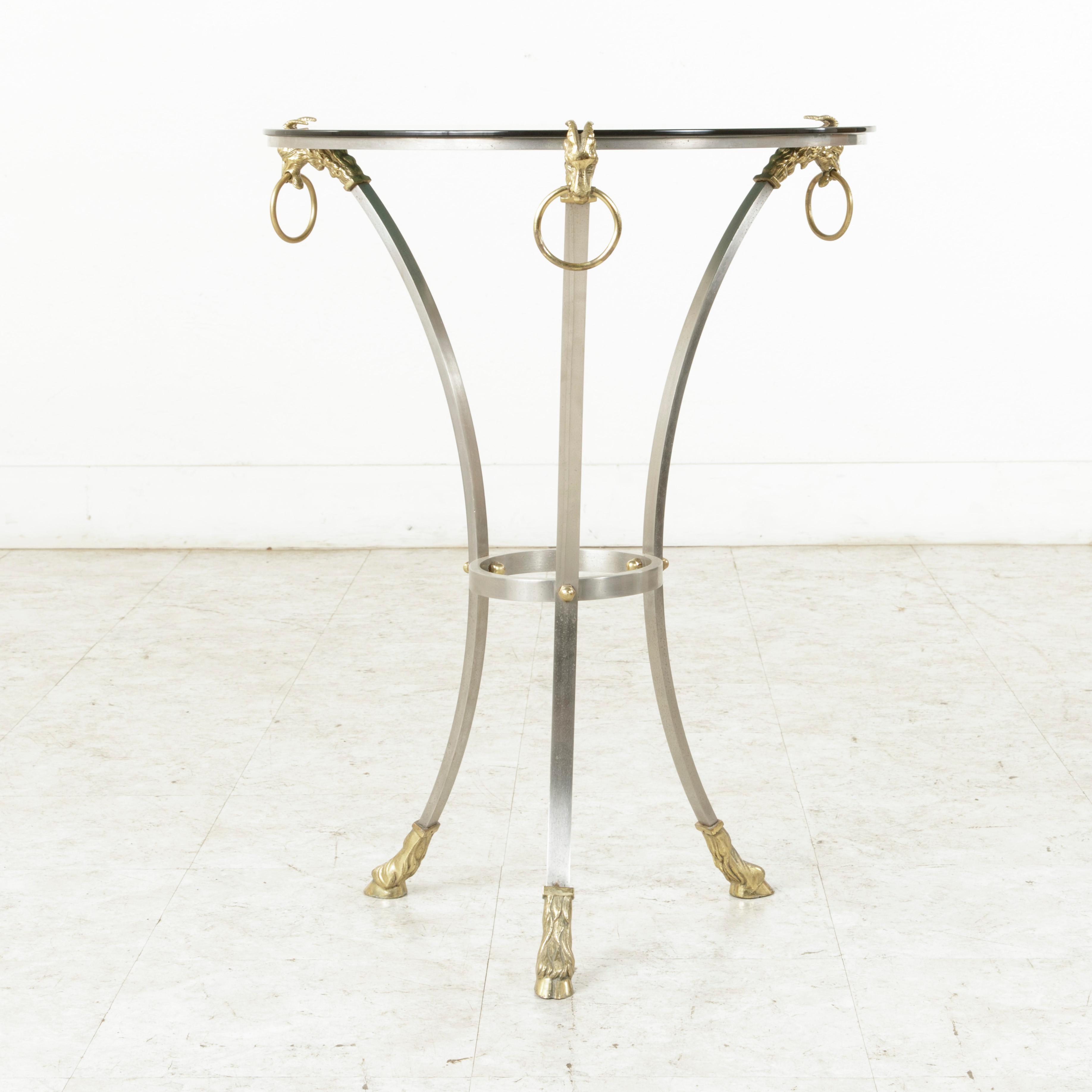 20th Century Midcentury French Maison Charles Brass and Steel Gueridon Side Table Rams Heads