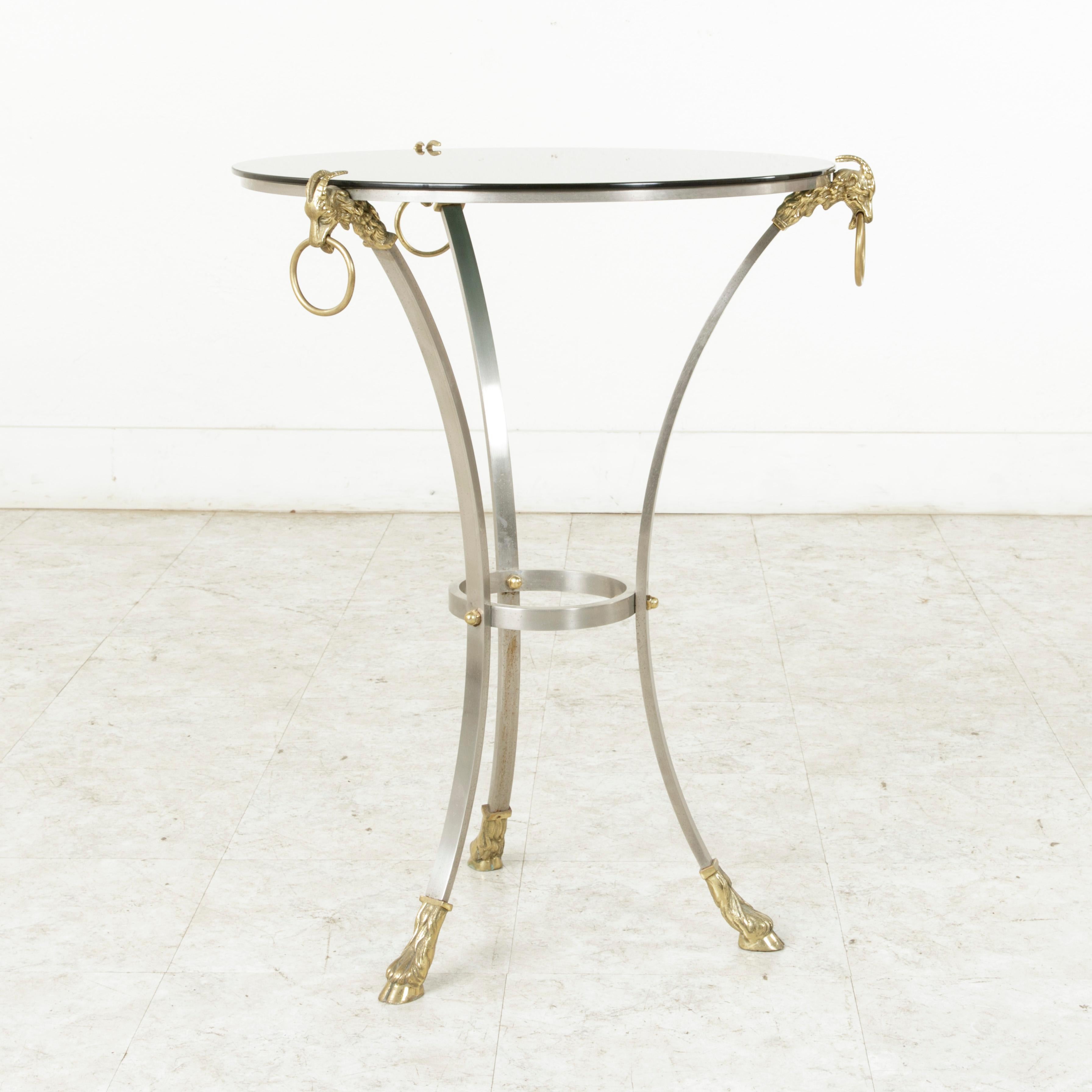 Midcentury French Maison Charles Brass and Steel Gueridon Side Table Rams Heads (20. Jahrhundert)